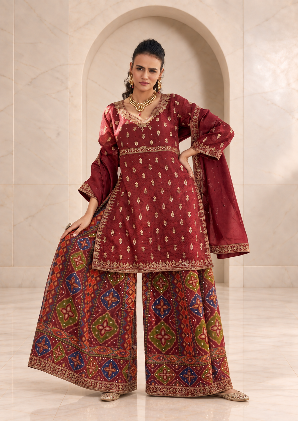 Classic Maroon Chiffon Sharara Set with Patola Print