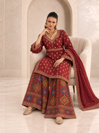 Classic Maroon Chiffon Sharara Set with Patola Print