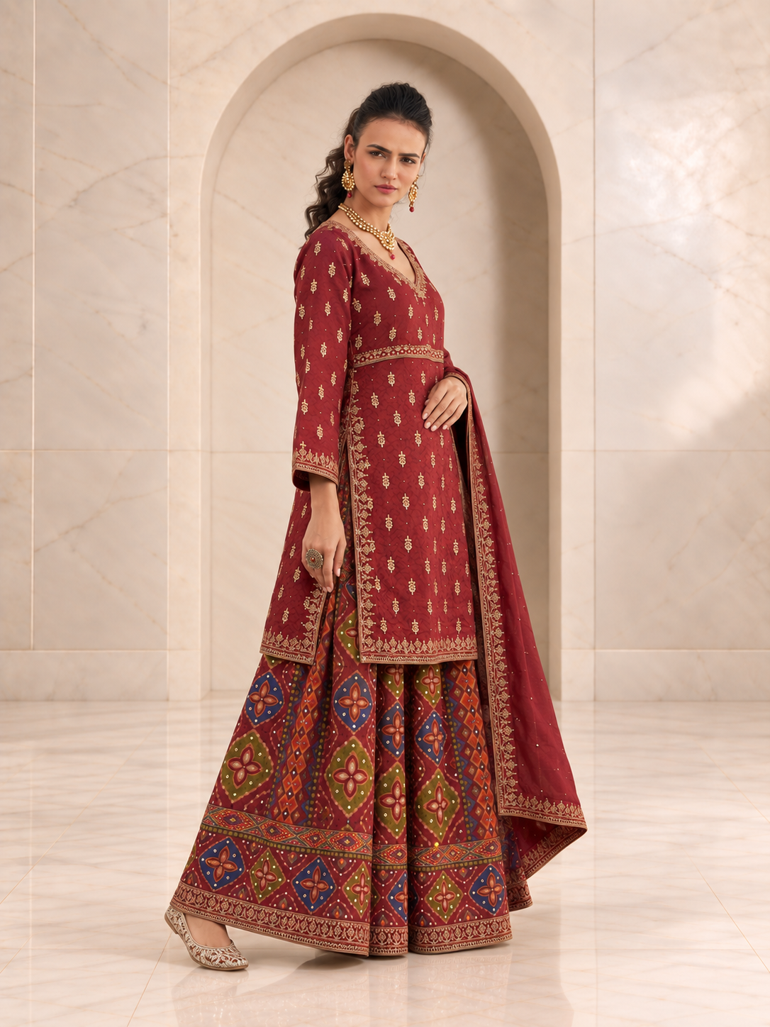 Classic Maroon Chiffon Sharara Set with Patola Print
