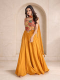 Mustard set with multicolour patchwork embroidered crop top, mirror work and palazzo