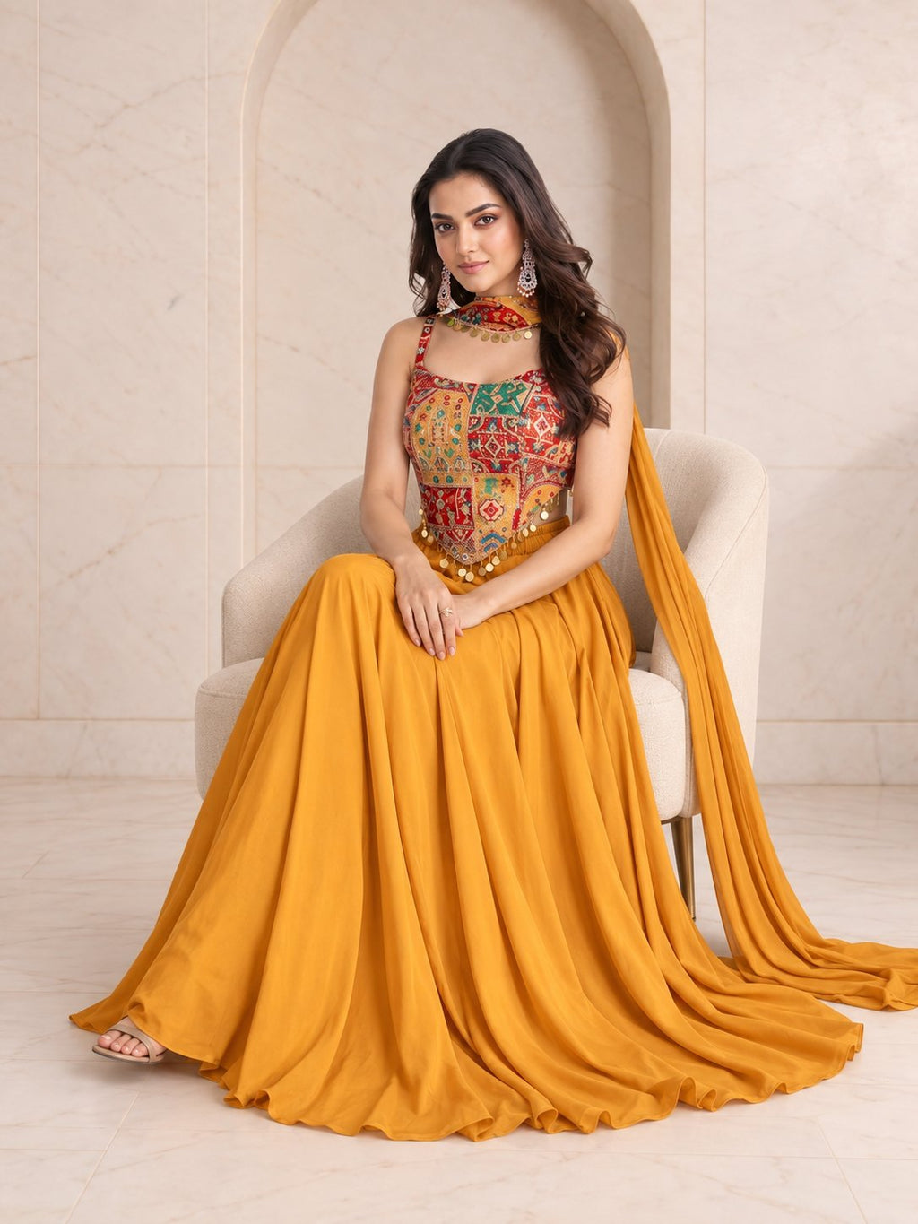 Mustard patchwork crop top and palazzo set, alternate view