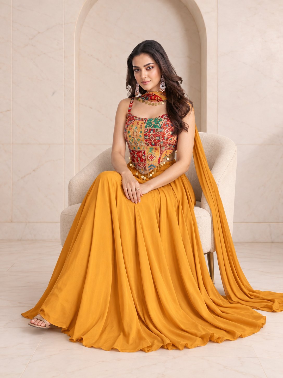Mustard patchwork crop top and palazzo set, alternate view