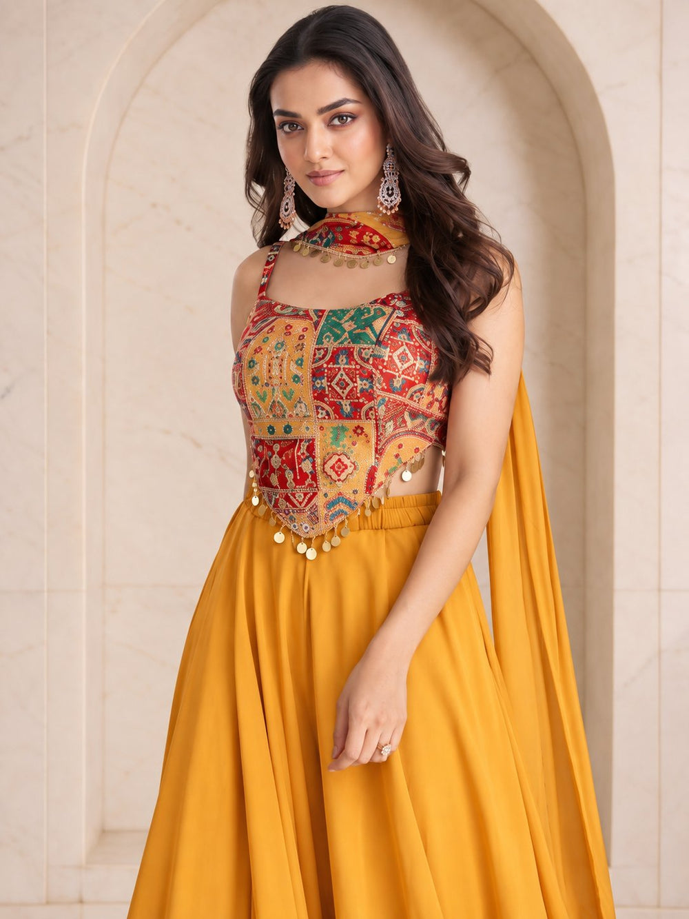 Mustard patchwork crop top and palazzo Navratri set, full length view