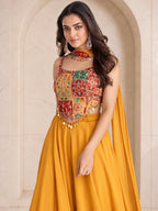 Mustard patchwork crop top and palazzo Navratri set, full length view