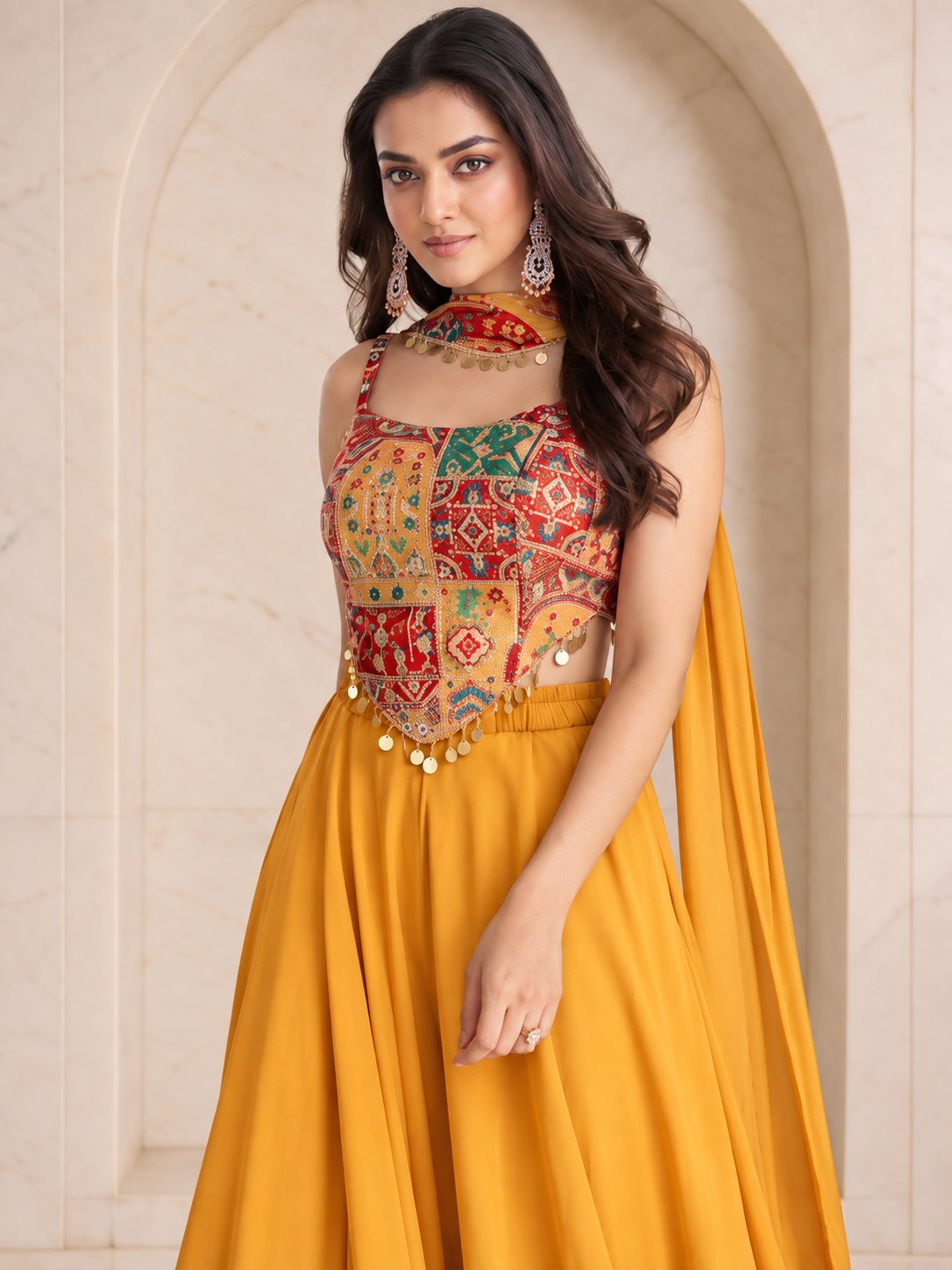 Mustard patchwork crop top and palazzo Navratri set, full length view