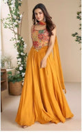 Mustard Patchwork Embroidered Crop Top & Palazzo Set with Drape – Kavnika Festive Collection