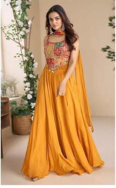 Mustard Patchwork Embroidered Crop Top & Palazzo Set with Drape – Kavnika Festive Collection