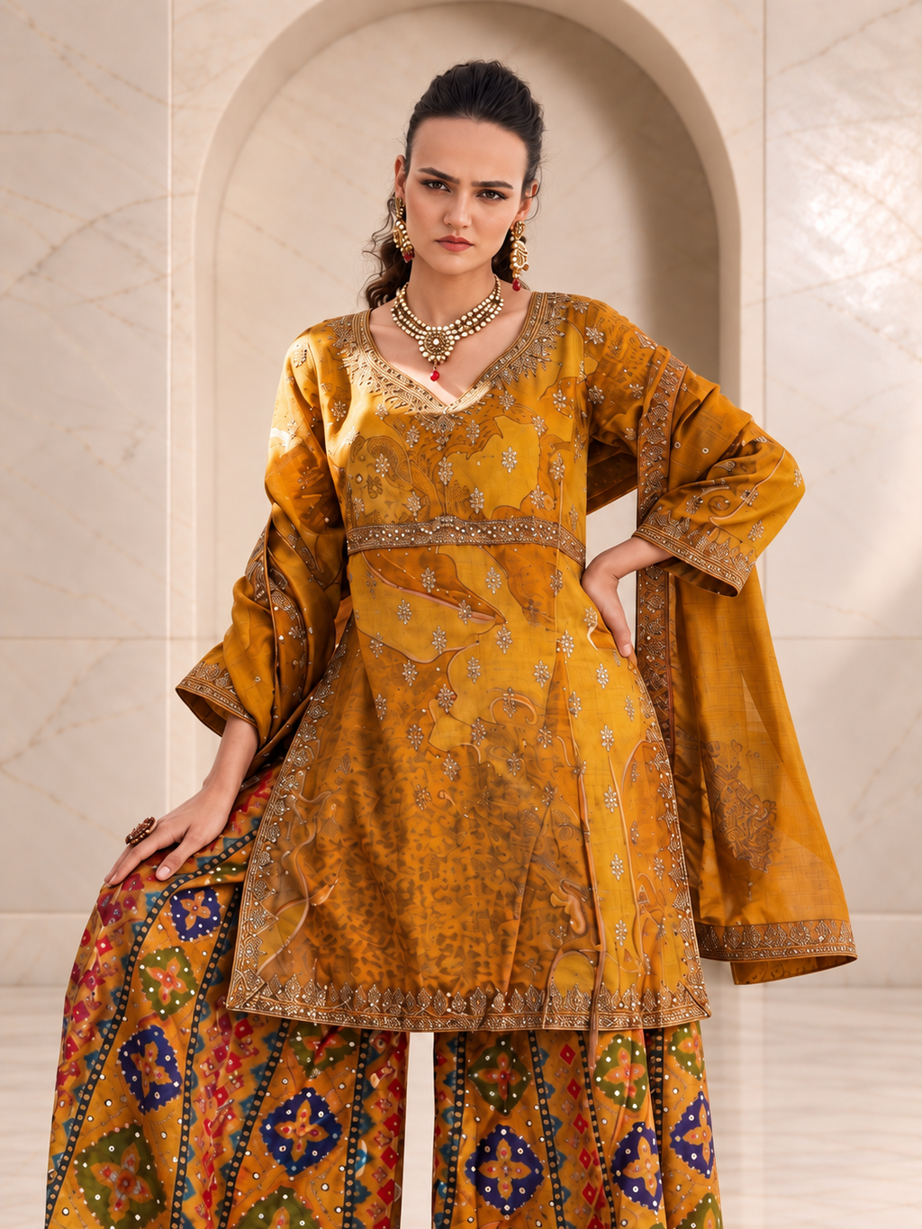 Radiant Mustard Chiffon Sharara Set with Patola Print
