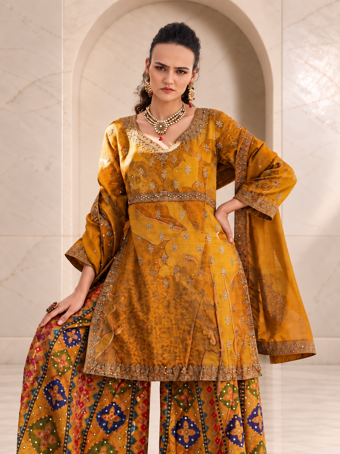 Radiant Mustard Chiffon Sharara Set with Patola Print