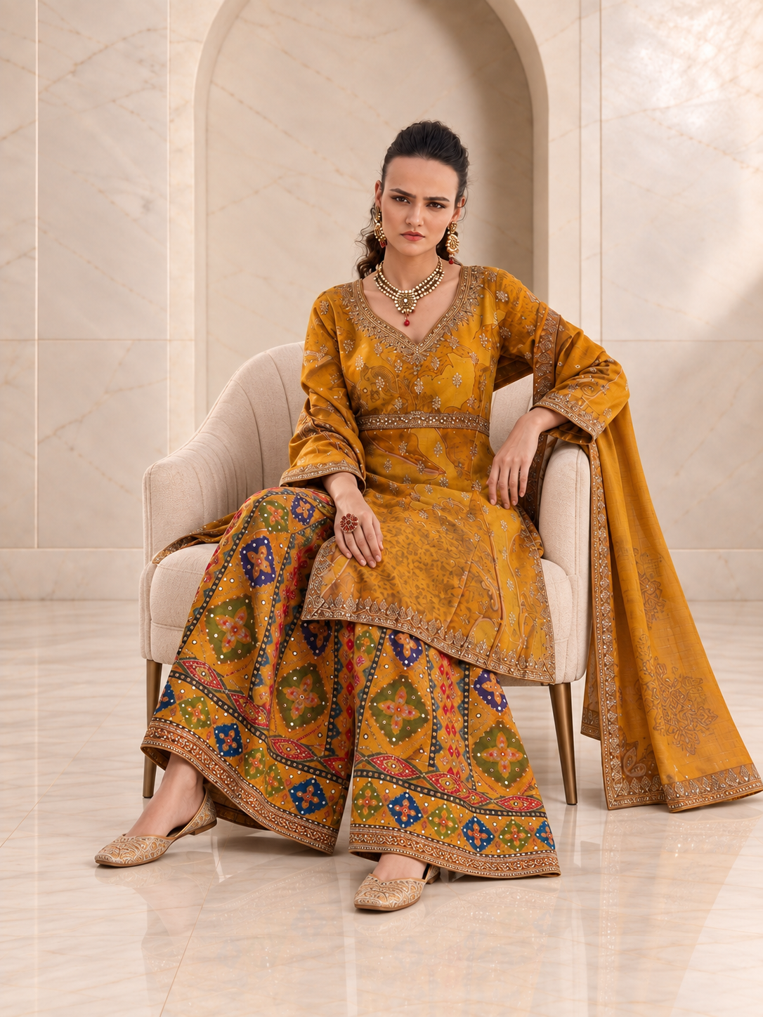 Radiant Mustard Chiffon Sharara Set with Patola Print