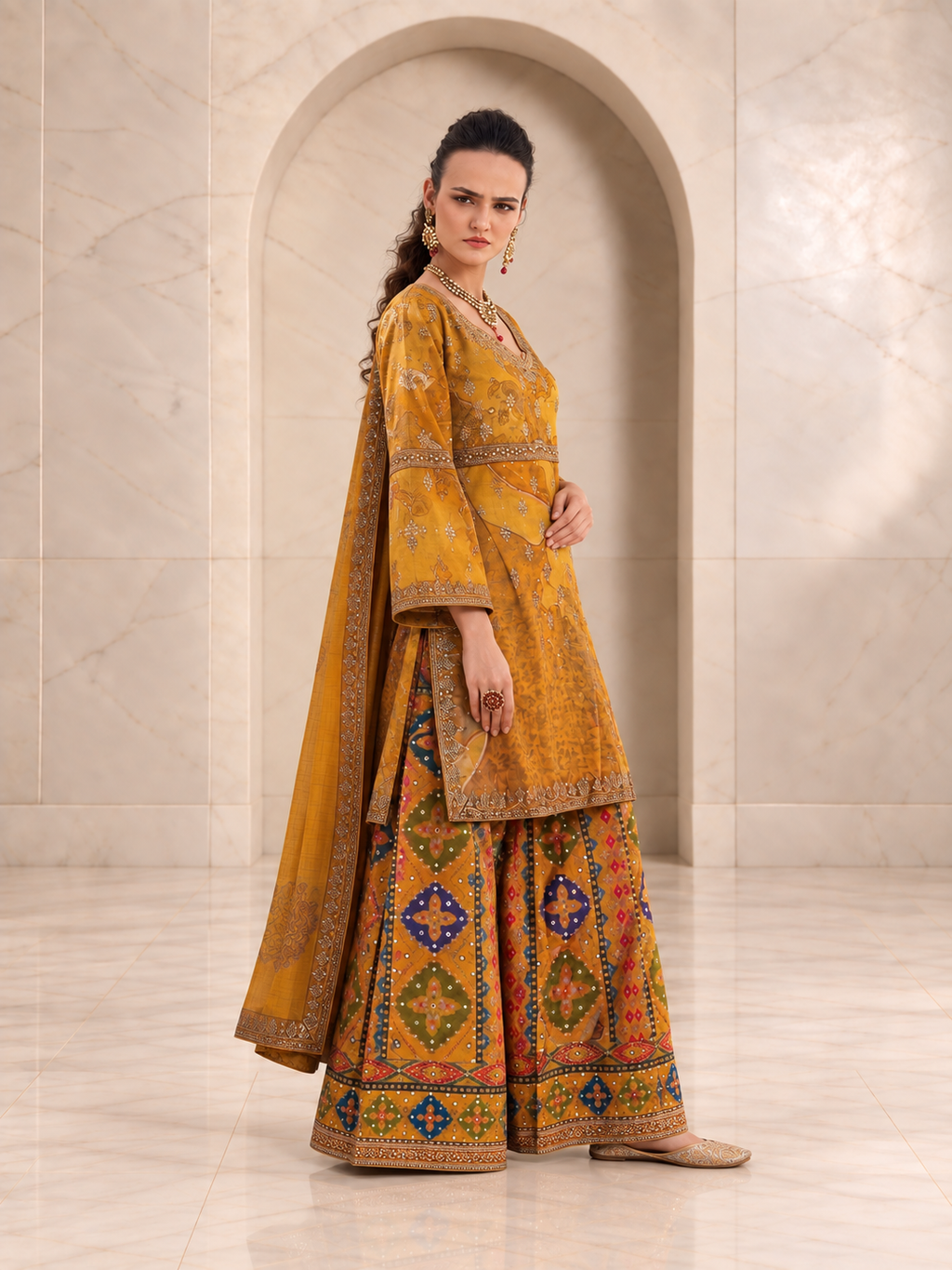 Radiant Mustard Chiffon Sharara Set with Patola Print