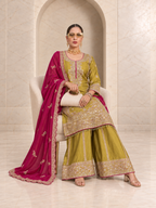 Elegant Olive Green Chiffon Sharara Set with Magenta Dupatta