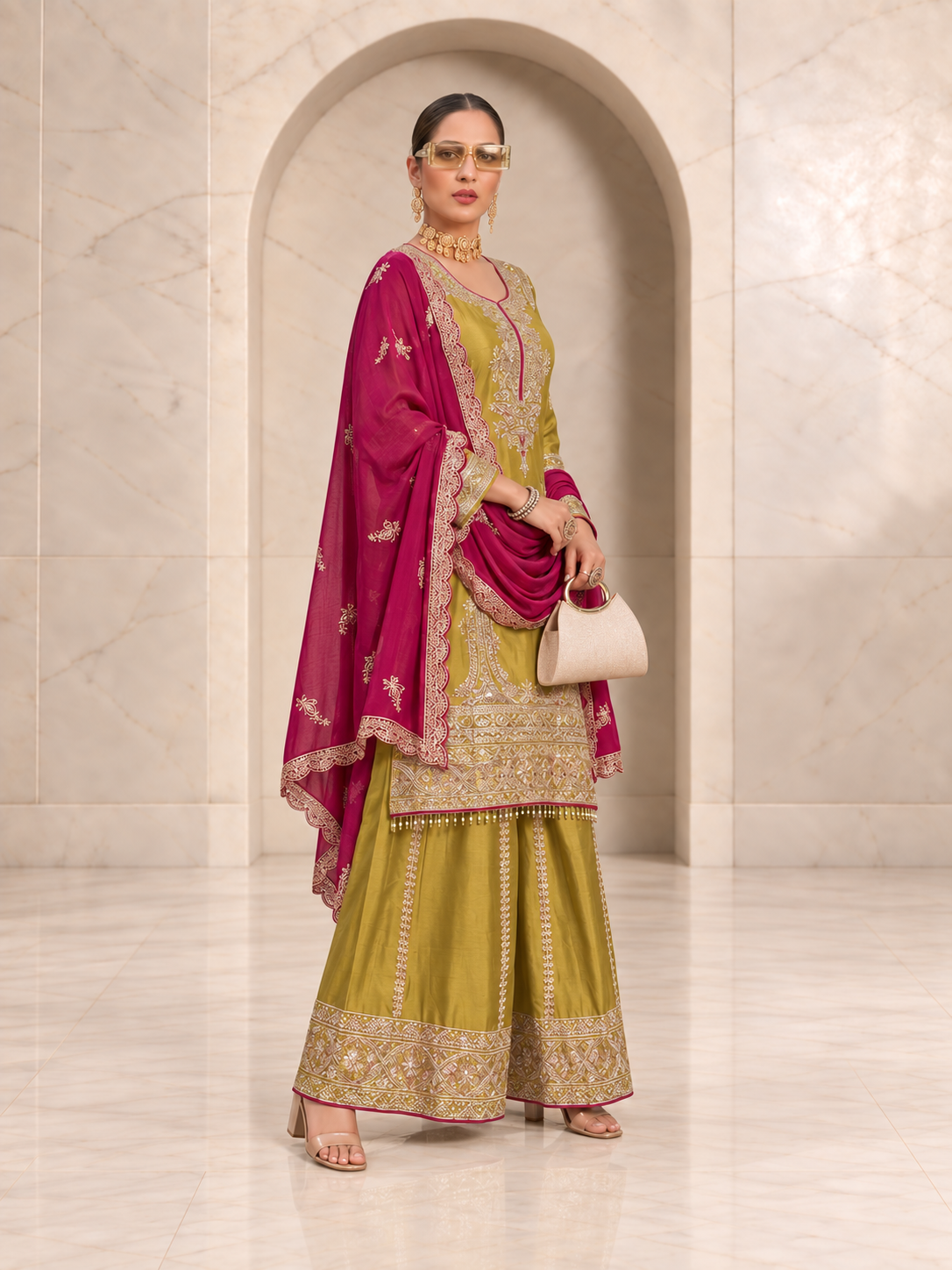 Elegant Olive Green Chiffon Sharara Set with Magenta Dupatta