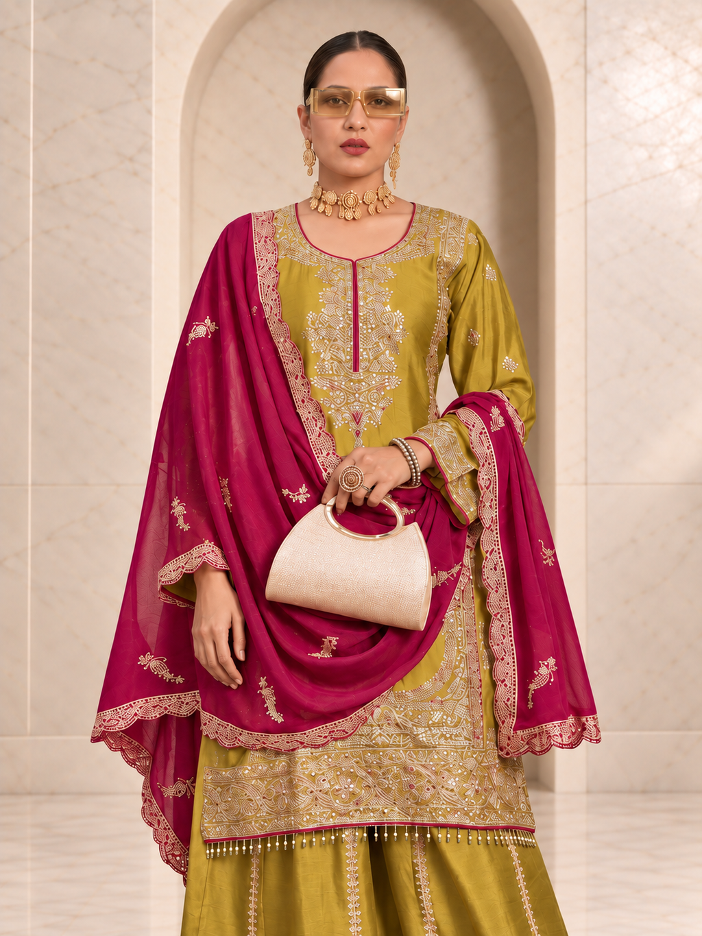 Elegant Olive Green Chiffon Sharara Set with Magenta Dupatta