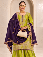 Vibrant Parrot Green Chiffon Sharara Set with Purple Dupatta
