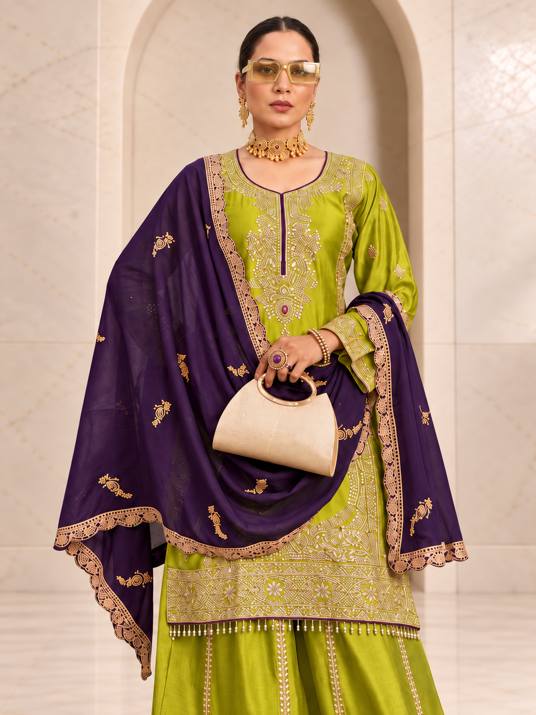 Vibrant Parrot Green Chiffon Sharara Set with Purple Dupatta