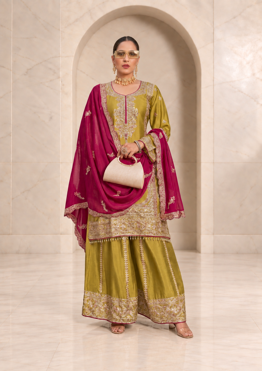 Elegant Olive Green Chiffon Sharara Set with Magenta Dupatta