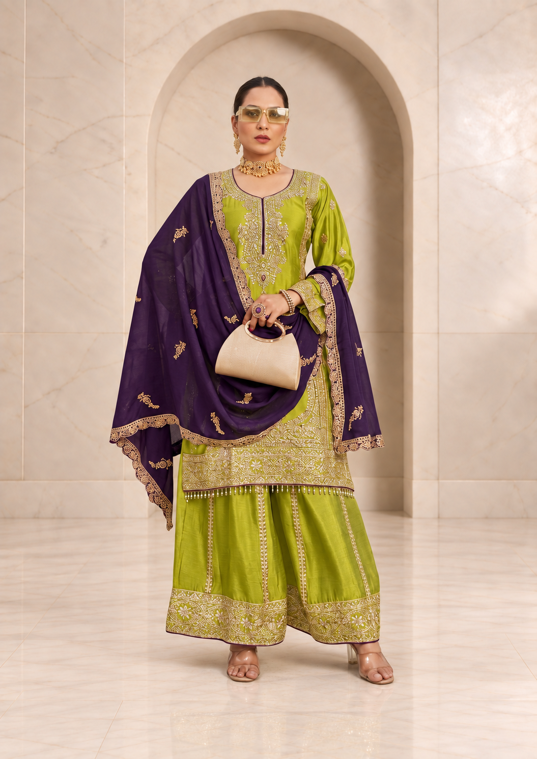 Vibrant Parrot Green Chiffon Sharara Set with Purple Dupatta