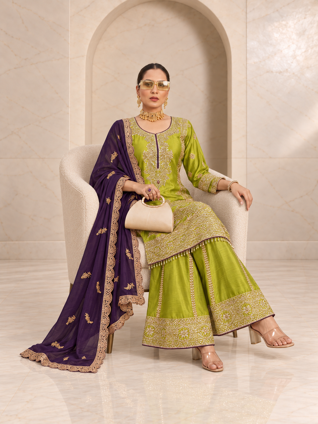 Vibrant Parrot Green Chiffon Sharara Set with Purple Dupatta