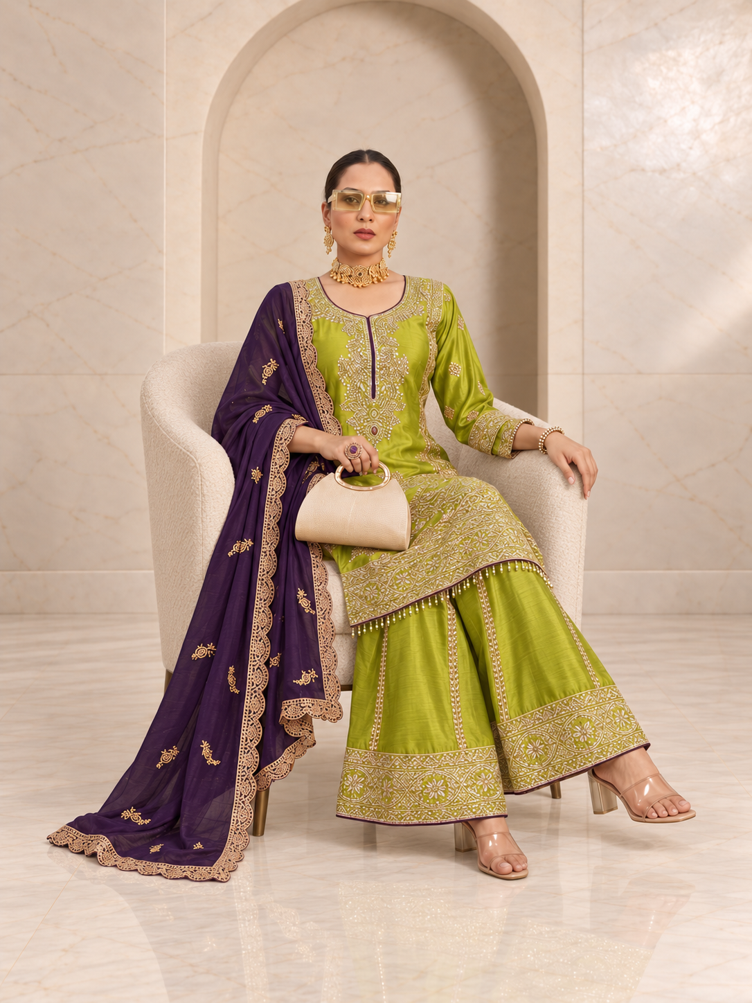 Vibrant Parrot Green Chiffon Sharara Set with Purple Dupatta