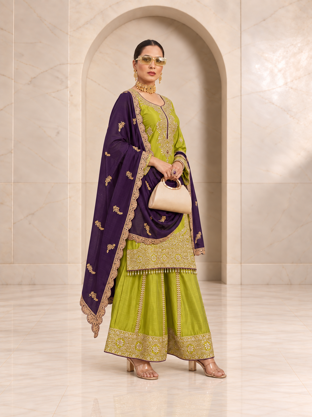 Vibrant Parrot Green Chiffon Sharara Set with Purple Dupatta