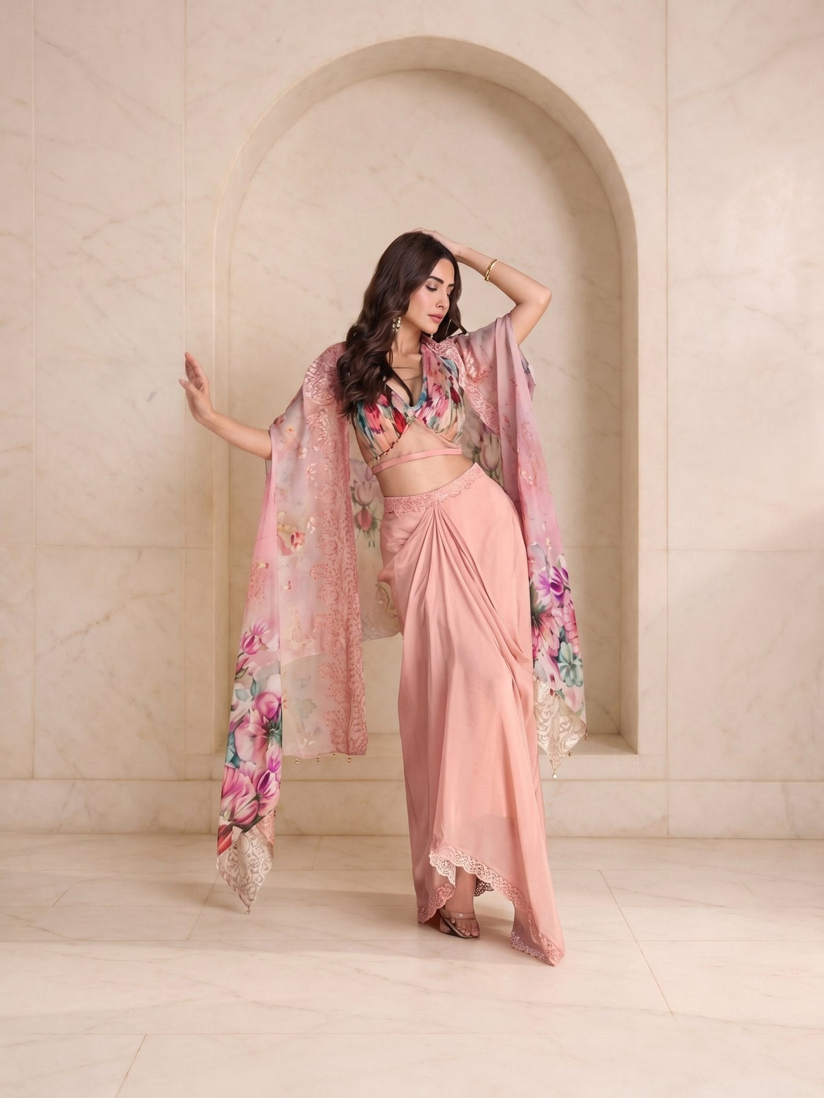 Peach floral organza cape with blouse and draped skirt wedding set