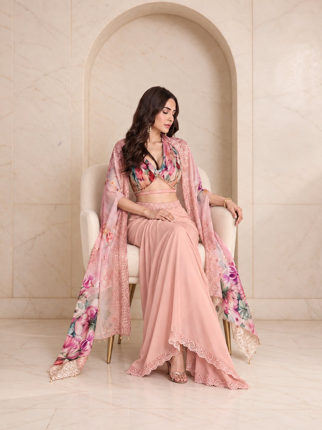 Peach floral cape and draped skirt set, alternate view