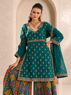 Regal Teal Green Chiffon Sharara Set with Patola Print