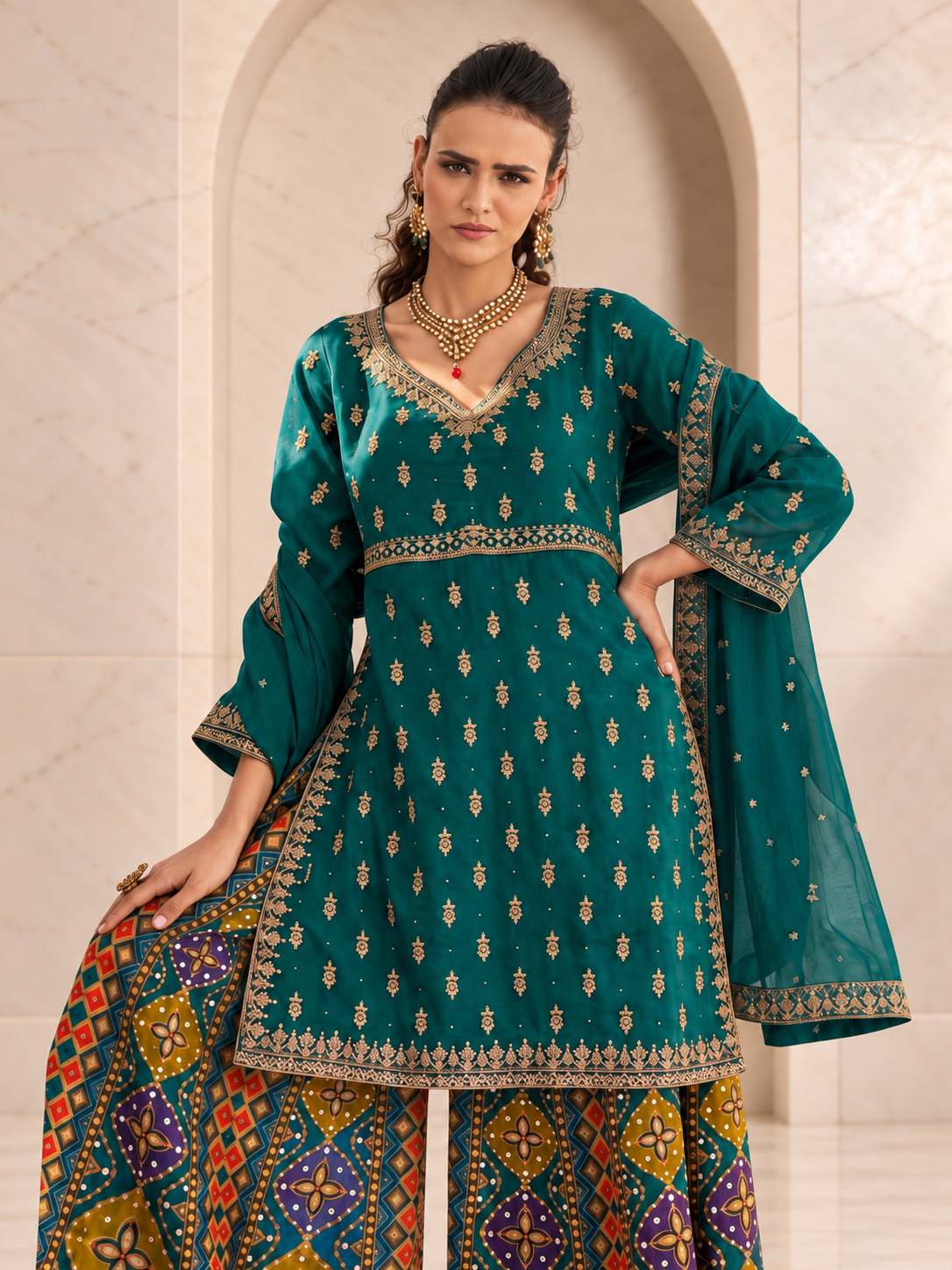 Regal Teal Green Chiffon Sharara Set with Patola Print