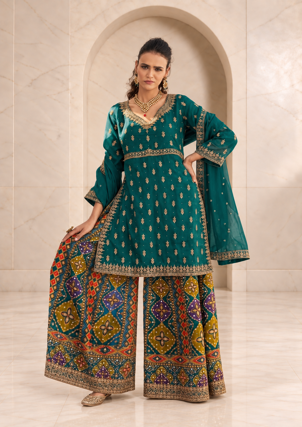 Regal Teal Green Chiffon Sharara Set with Patola Print