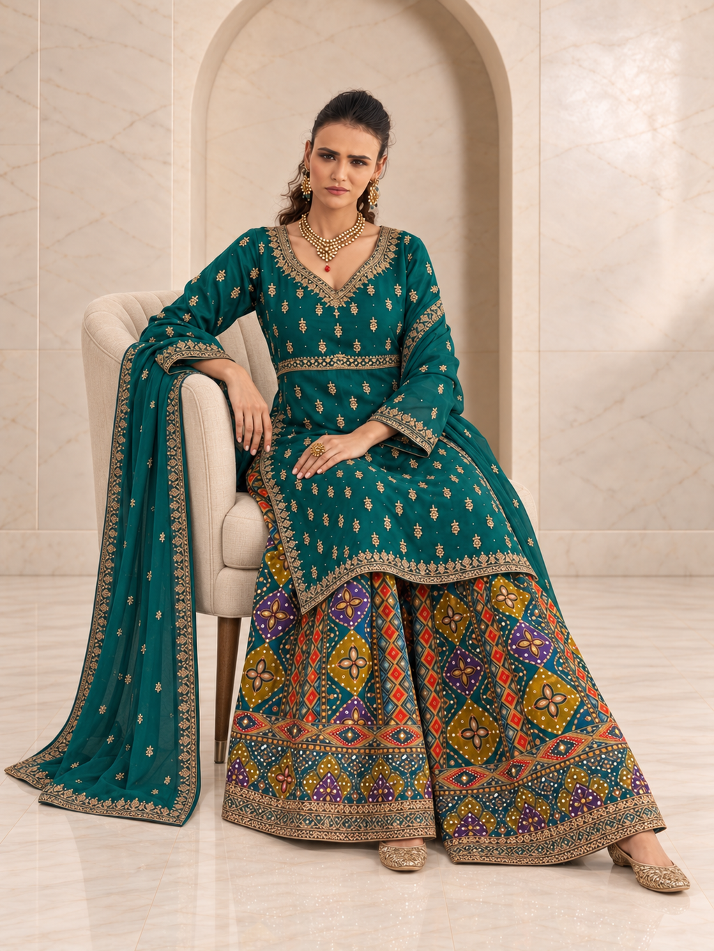 Regal Teal Green Chiffon Sharara Set with Patola Print