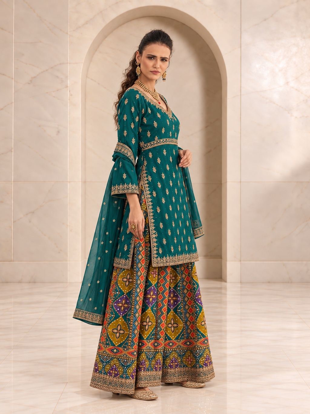 Regal Teal Green Chiffon Sharara Set with Patola Print