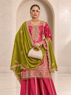 Striking Rani Pink Chiffon Sharara Set with Olive Dupatta