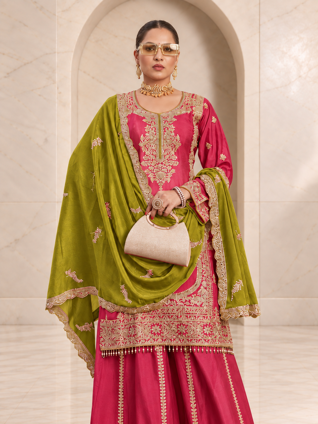 Striking Rani Pink Chiffon Sharara Set with Olive Dupatta