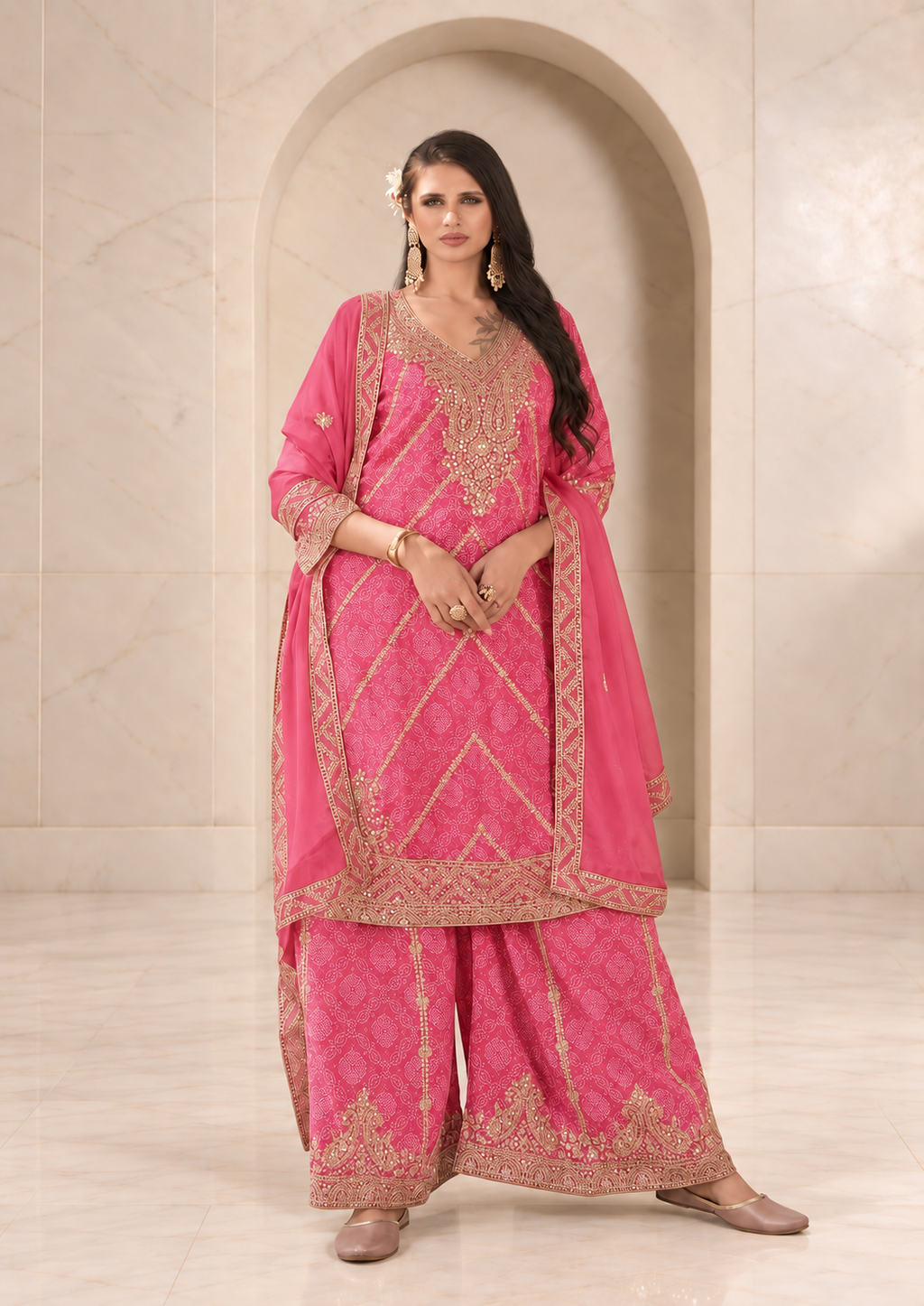 Charming Pink Chiffon Sharara Set with Bandhani Print