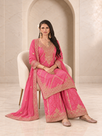 Charming Pink Chiffon Sharara Set with Bandhani Print