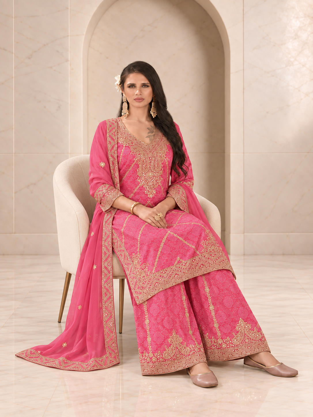 Charming Pink Chiffon Sharara Set with Bandhani Print