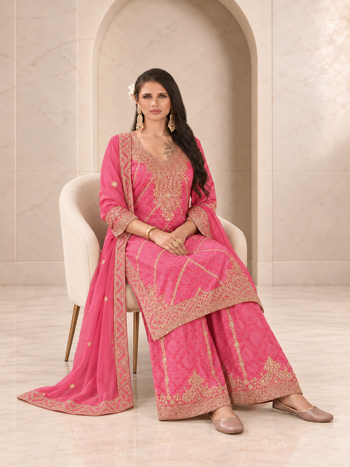 Charming Pink Chiffon Sharara Set with Bandhani Print