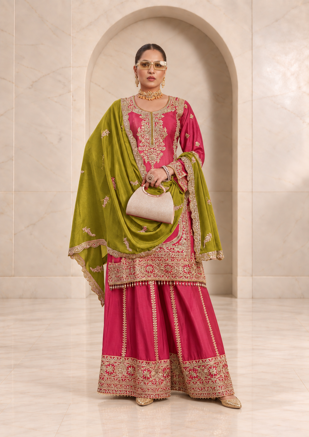 Striking Rani Pink Chiffon Sharara Set with Olive Dupatta