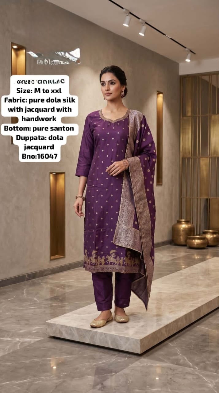 Purple Dola Silk Jacquard Kurta Set with Handwork & Jacquard Dupatta – Kavnika Festive Collection