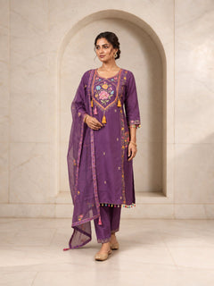 Bold Purple Roman Silk Kurta Set with Mirror Work Embroidery
