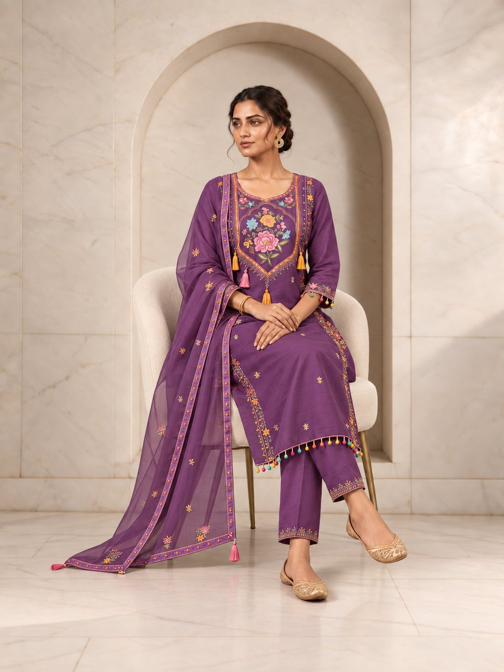 Purple Roman silk kurta set with mirror work embroidery, alternate view