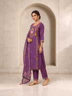 Purple Roman silk kurta set embroidery and fabric detail