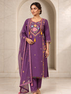 Purple Roman silk kurta set with dupatta, full length view