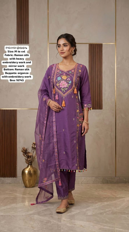 Purple Roman Silk Kurta Set with Floral Embroidery & Mirror Work – Kavnika Festive Collection