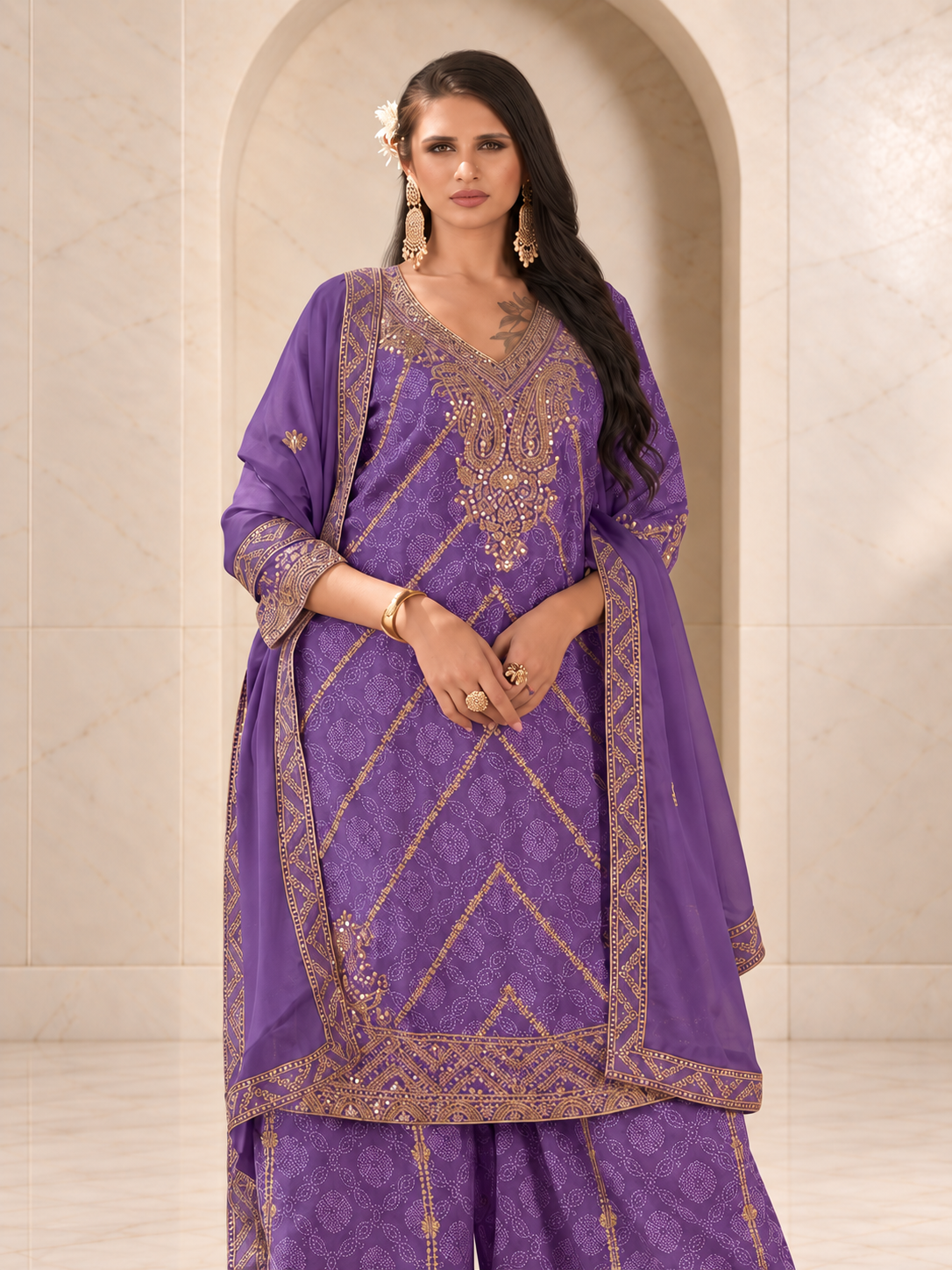 Graceful Lavender Chiffon Sharara Set with Bandhani Print