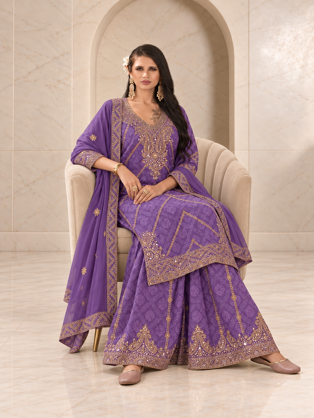 Graceful Lavender Chiffon Sharara Set with Bandhani Print