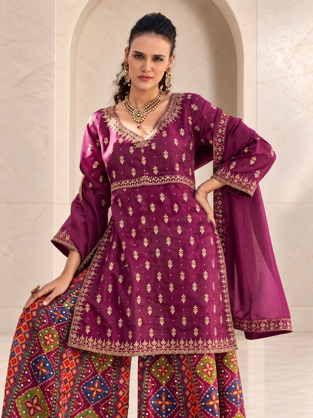 Festive Magenta Chiffon Sharara Set with Patola Print