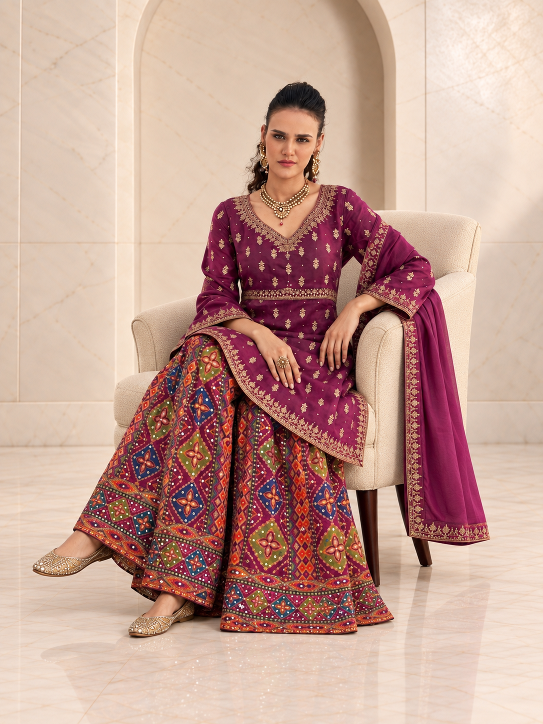 Festive Magenta Chiffon Sharara Set with Patola Print