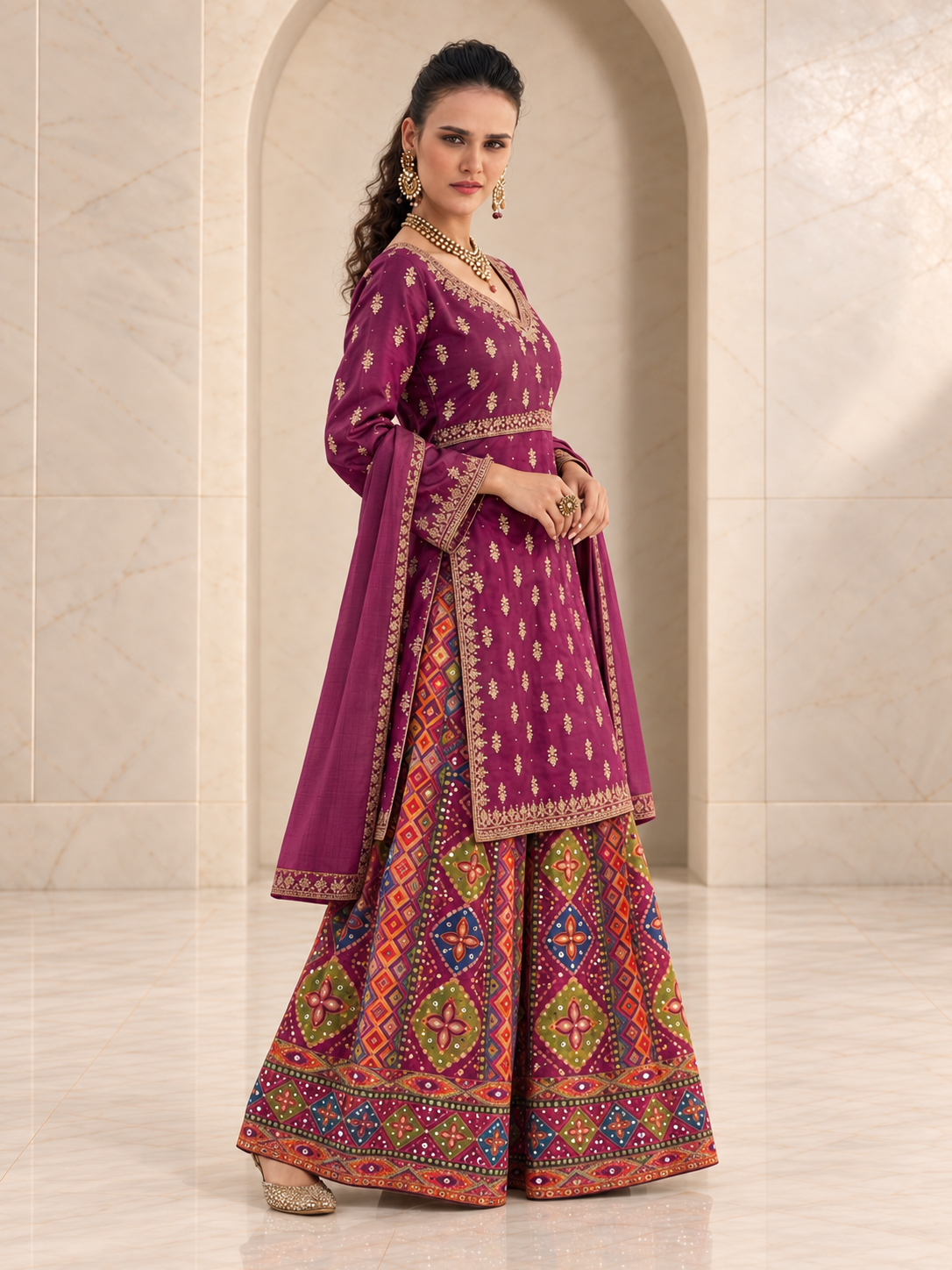 Festive Magenta Chiffon Sharara Set with Patola Print
